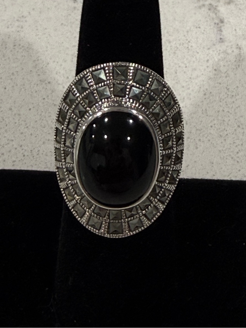 Vintage Suspicion Sterling Marcasite oval Onyx ring.